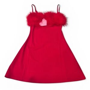 Dolls Kill Sugar Thrills Marabou Mini Dress Red Feather Trim Coquette Babydoll